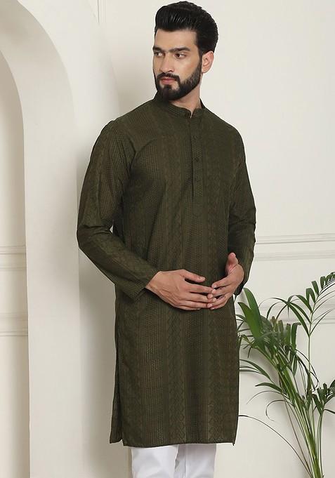 Green Thread Work Cotton Kurta For Men