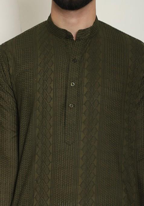 Green Thread Work Cotton Kurta For Men
