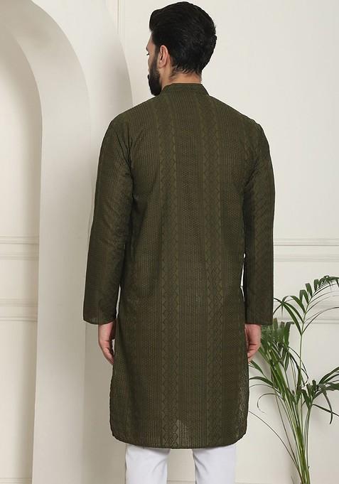 Green Thread Work Cotton Kurta For Men