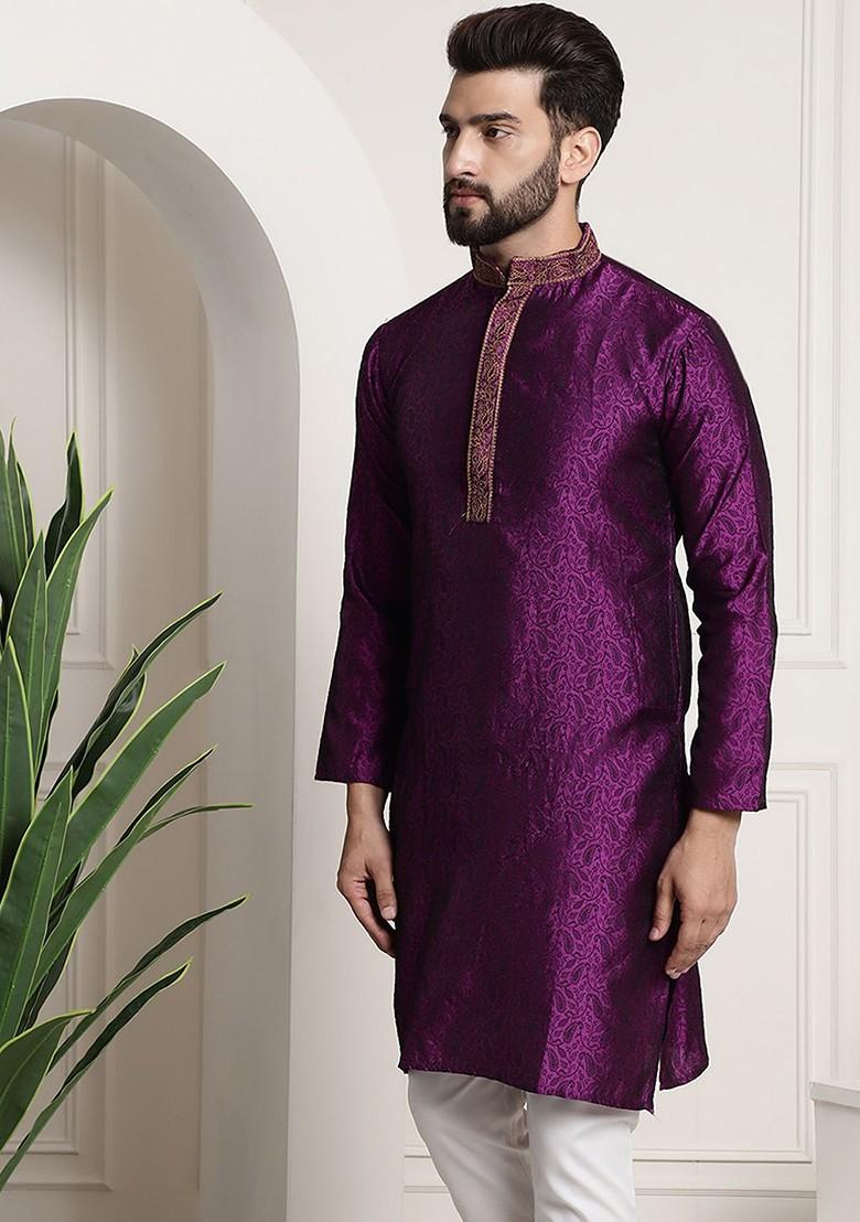 Purple Woven Poly Blend Kurta For Men