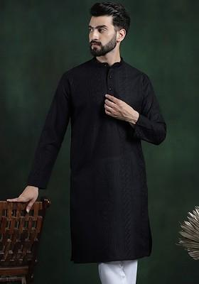 Black Thread Work Cotton Kurta For Men