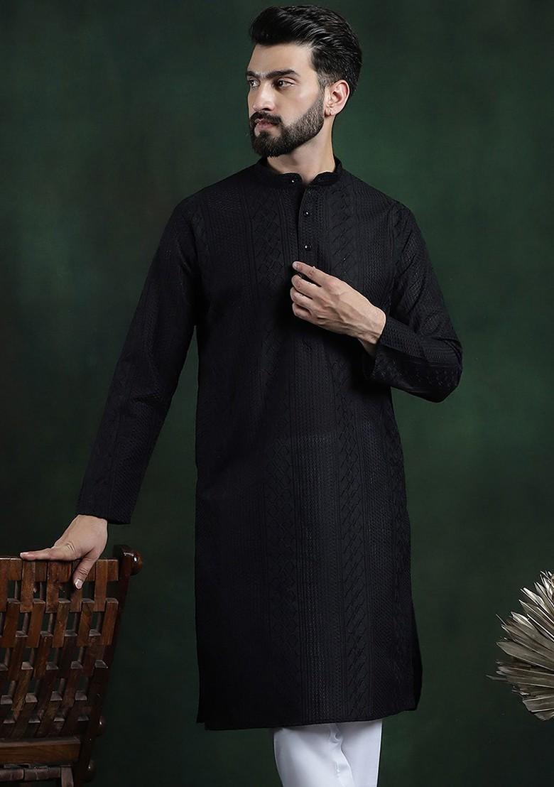 Black Thread Work Cotton Kurta For Men
