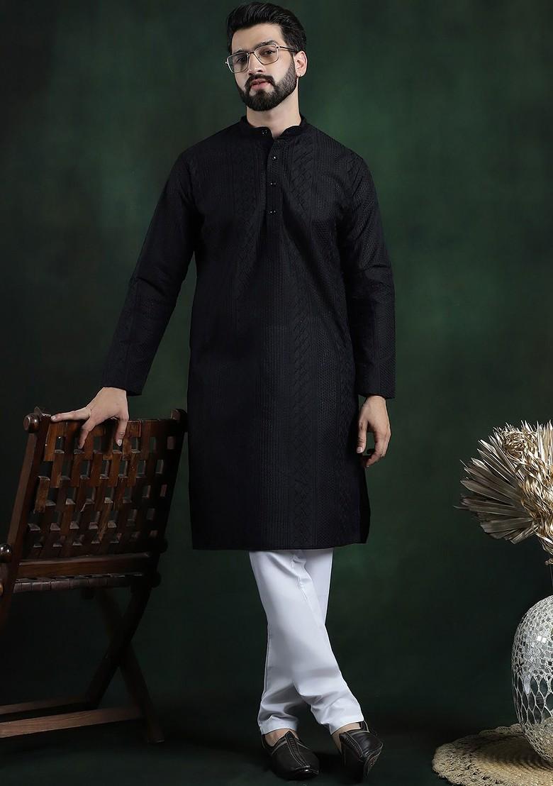 Black Thread Work Cotton Kurta For Men