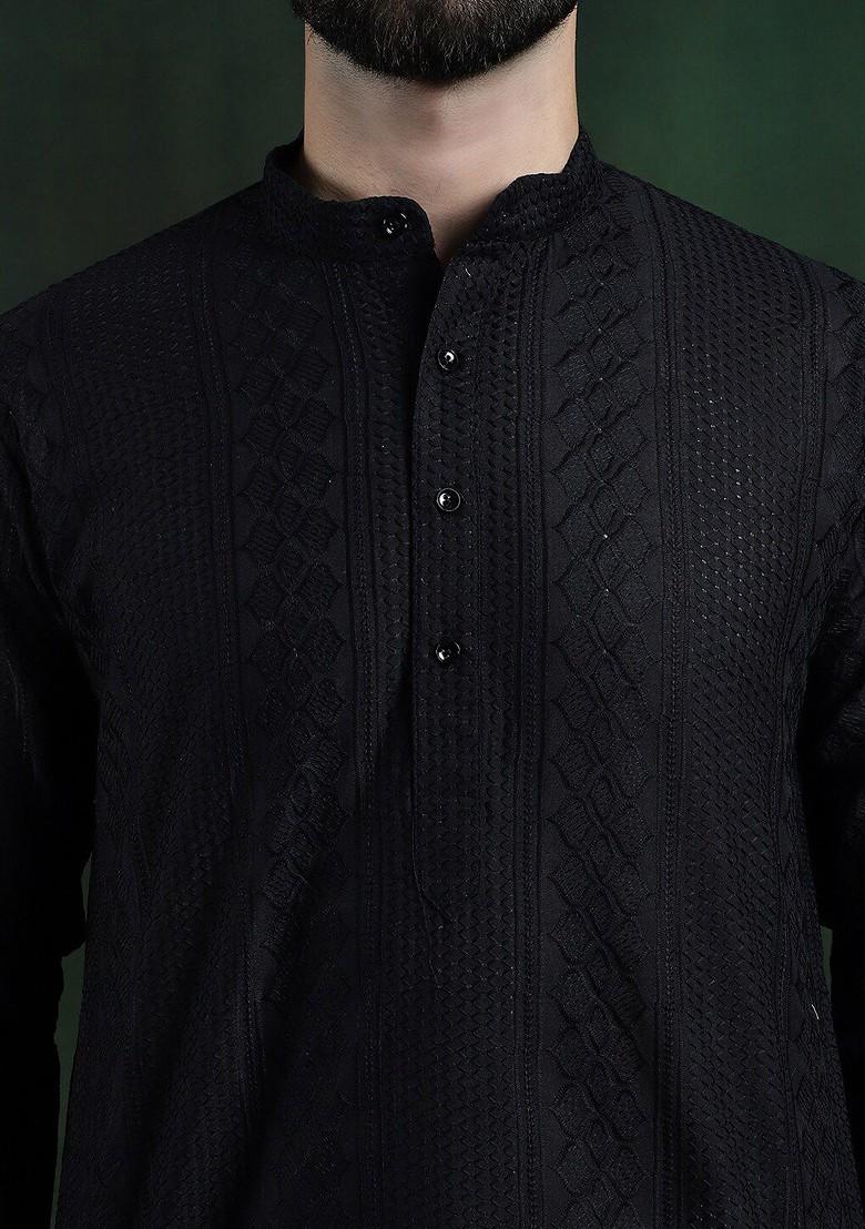 Black Thread Work Cotton Kurta For Men