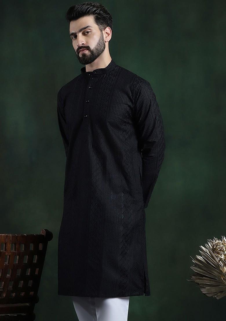 Black Thread Work Cotton Kurta For Men