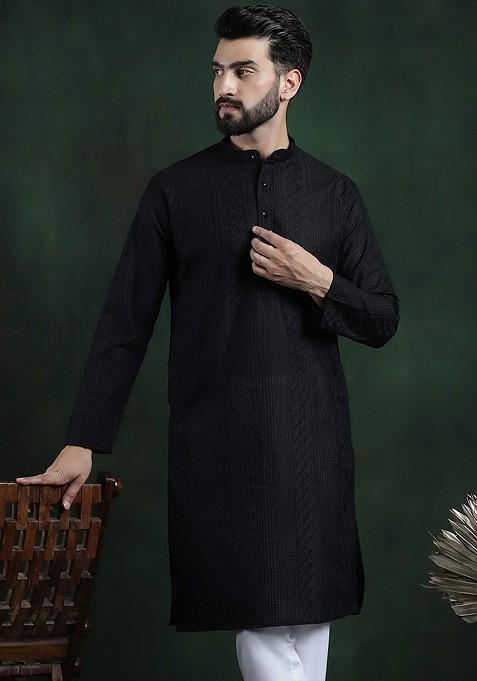 Black Thread Work Cotton Kurta For Men