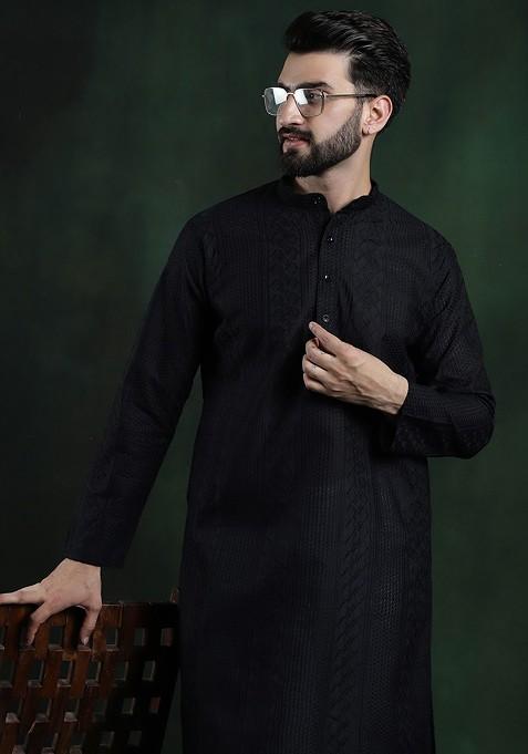 Black Thread Work Cotton Kurta For Men