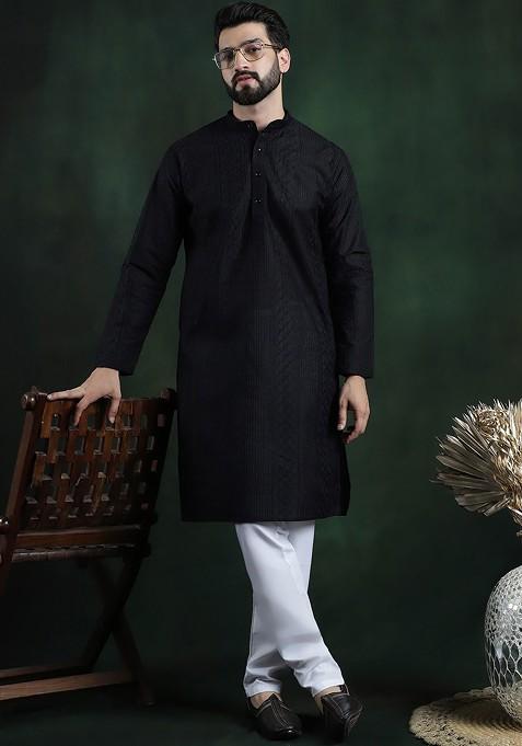 Black Thread Work Cotton Kurta For Men