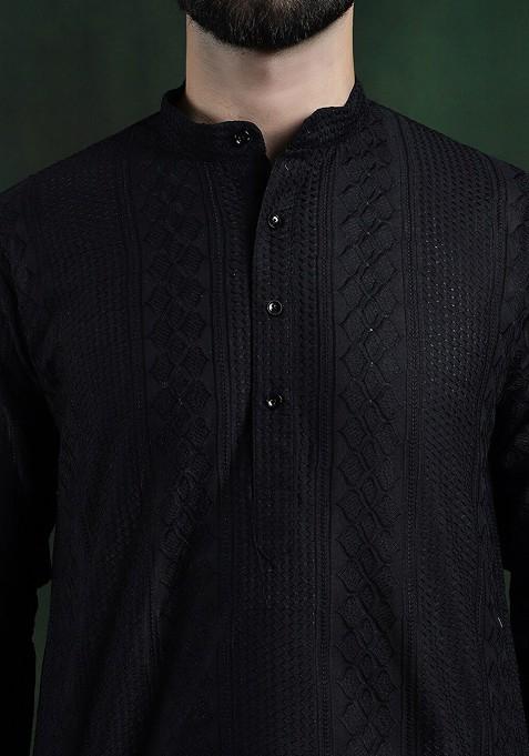 Black Thread Work Cotton Kurta For Men