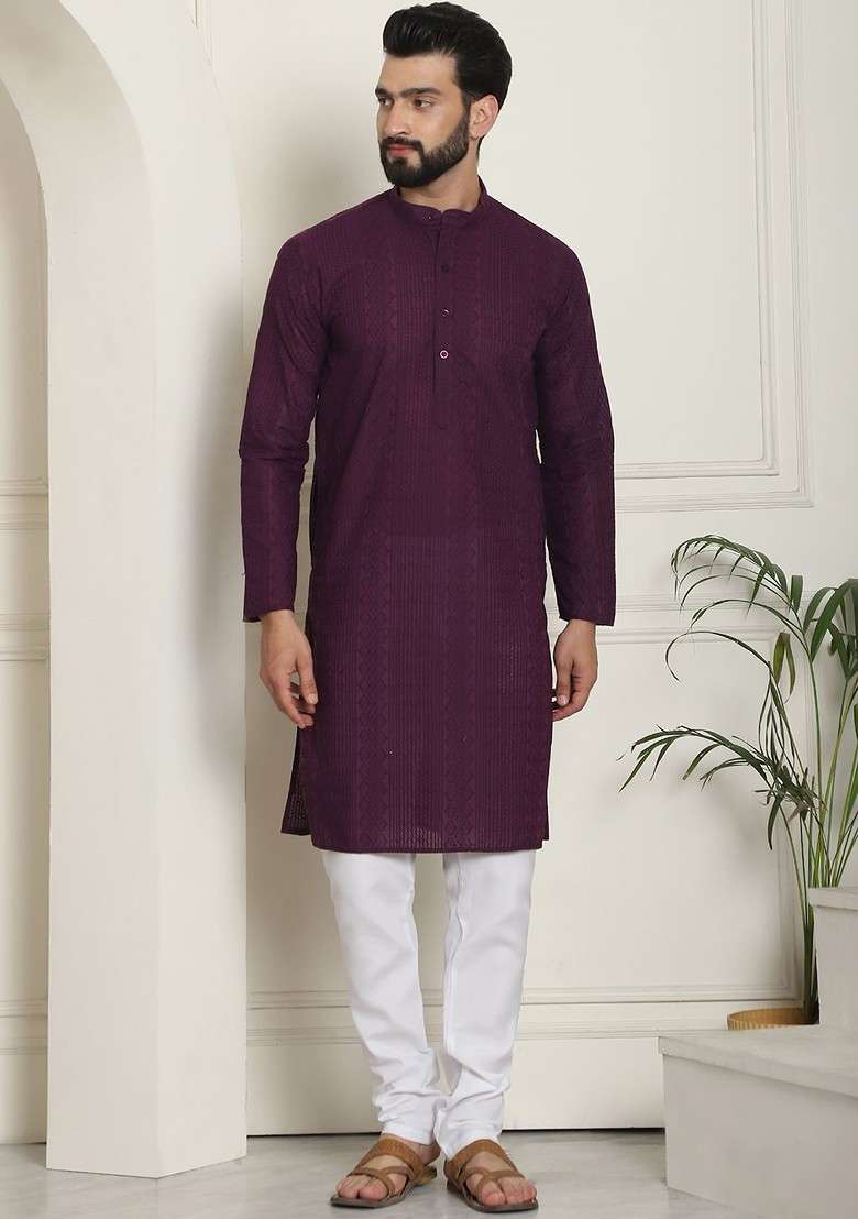 Purple Thread Work Cotton Kurta For Men - Indya