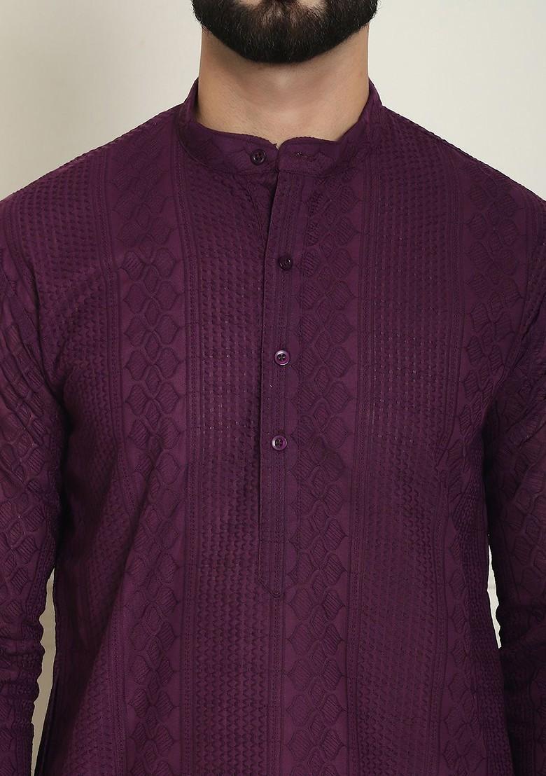 Purple Thread Work Cotton Kurta For Men