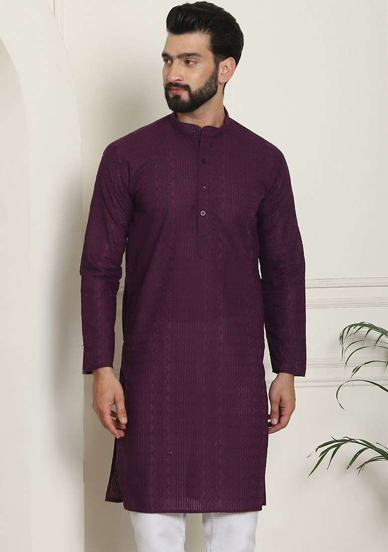 Purple Thread Work Cotton Kurta For Men - Indya