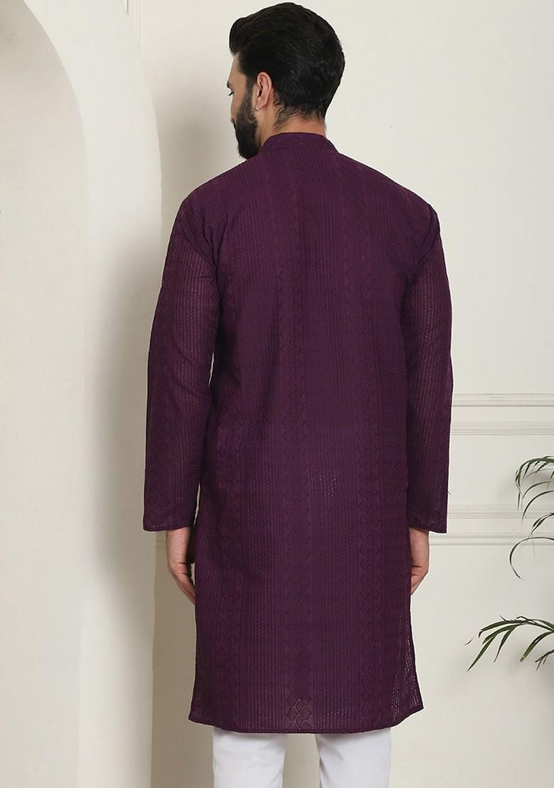 Purple Thread Work Cotton Kurta For Men