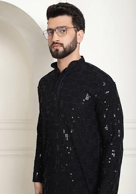 Black Embroidered Cotton Kurta For Men