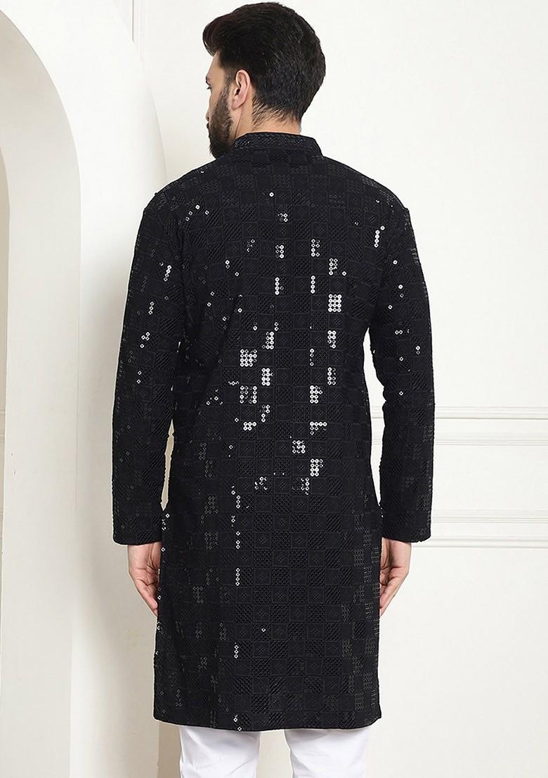 Black Embroidered Cotton Kurta For Men