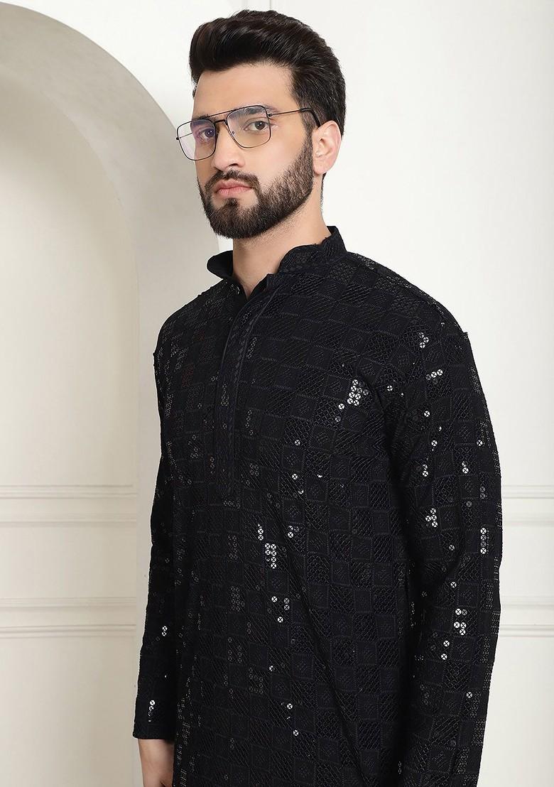 Black Embroidered Cotton Kurta For Men