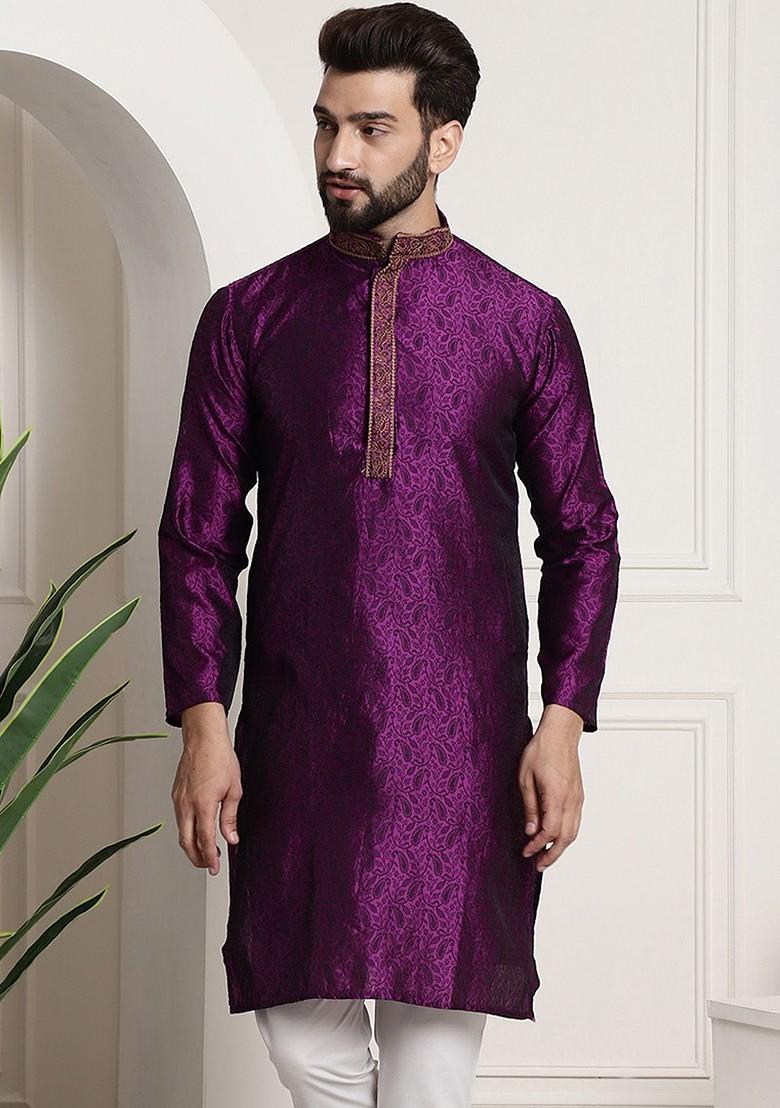 Purple Woven Poly Blend Kurta For Men