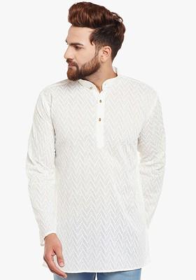 Off White Embroidered Poly Blend Kurta For Men