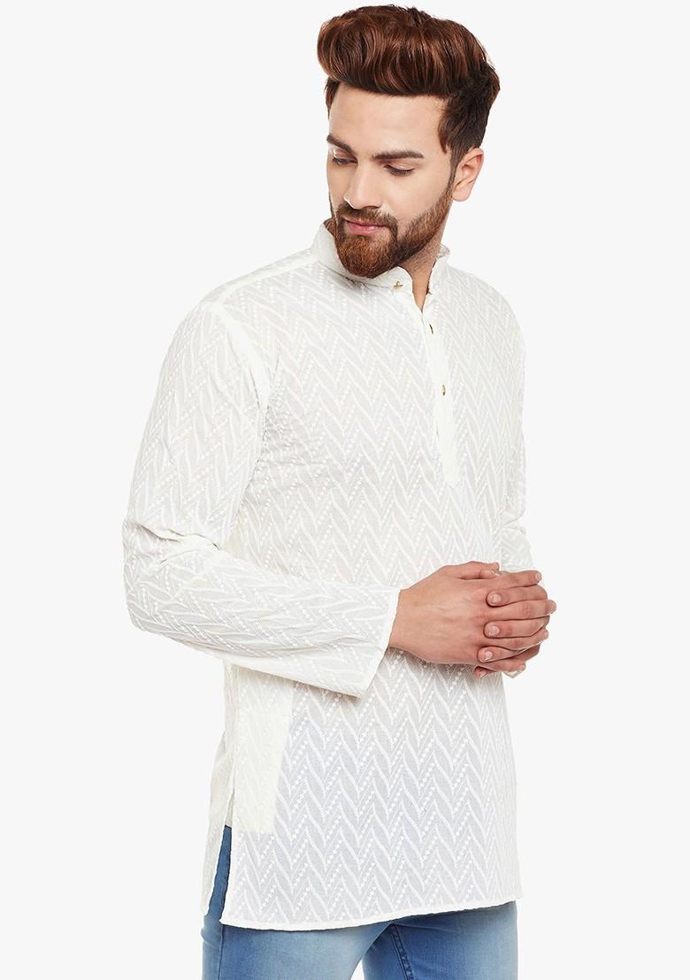 Off White Embroidered Poly Blend Kurta For Men