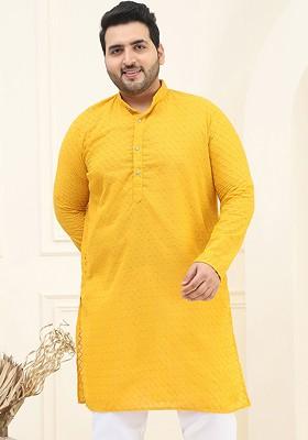 Mustard Embroidered Poly Blend Kurta For Men