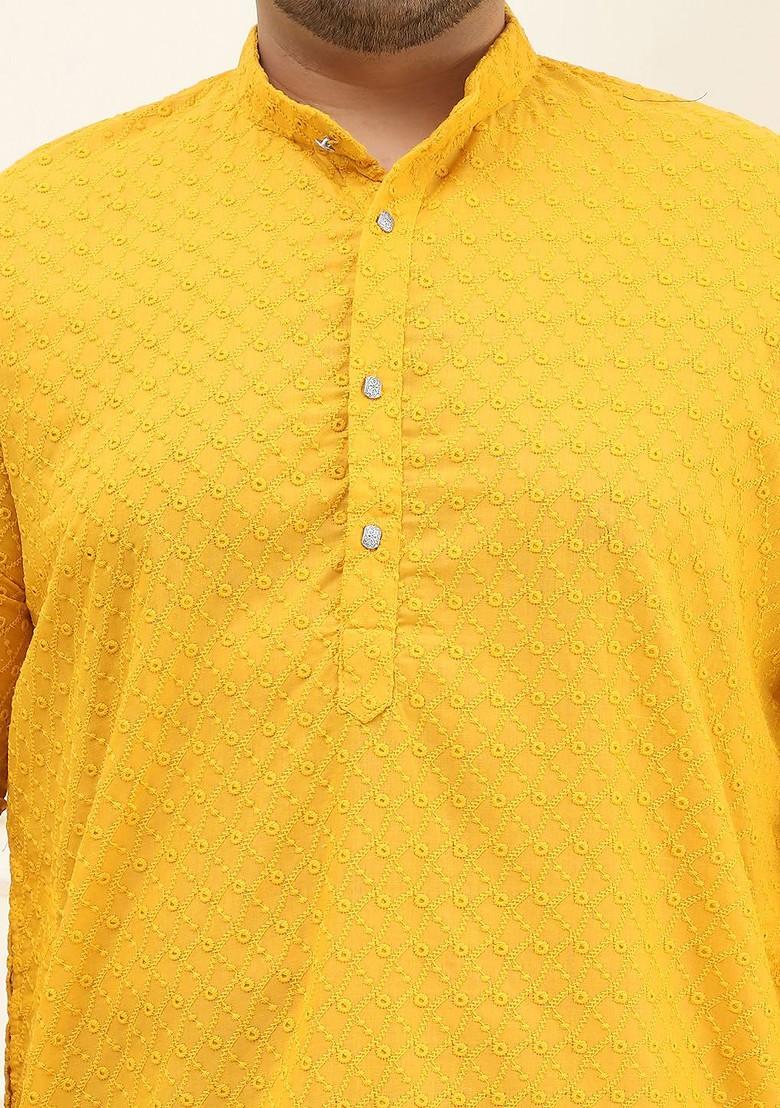 Mustard Embroidered Poly Blend Kurta For Men