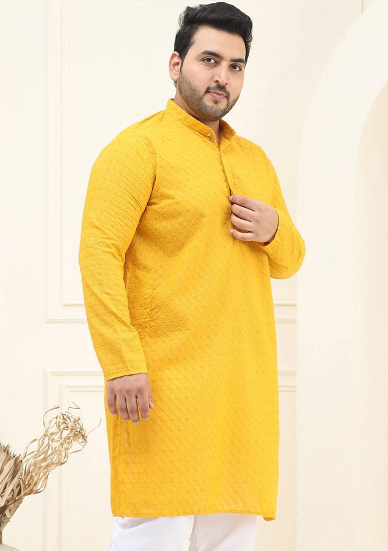 Mustard Embroidered Poly Blend Kurta For Men