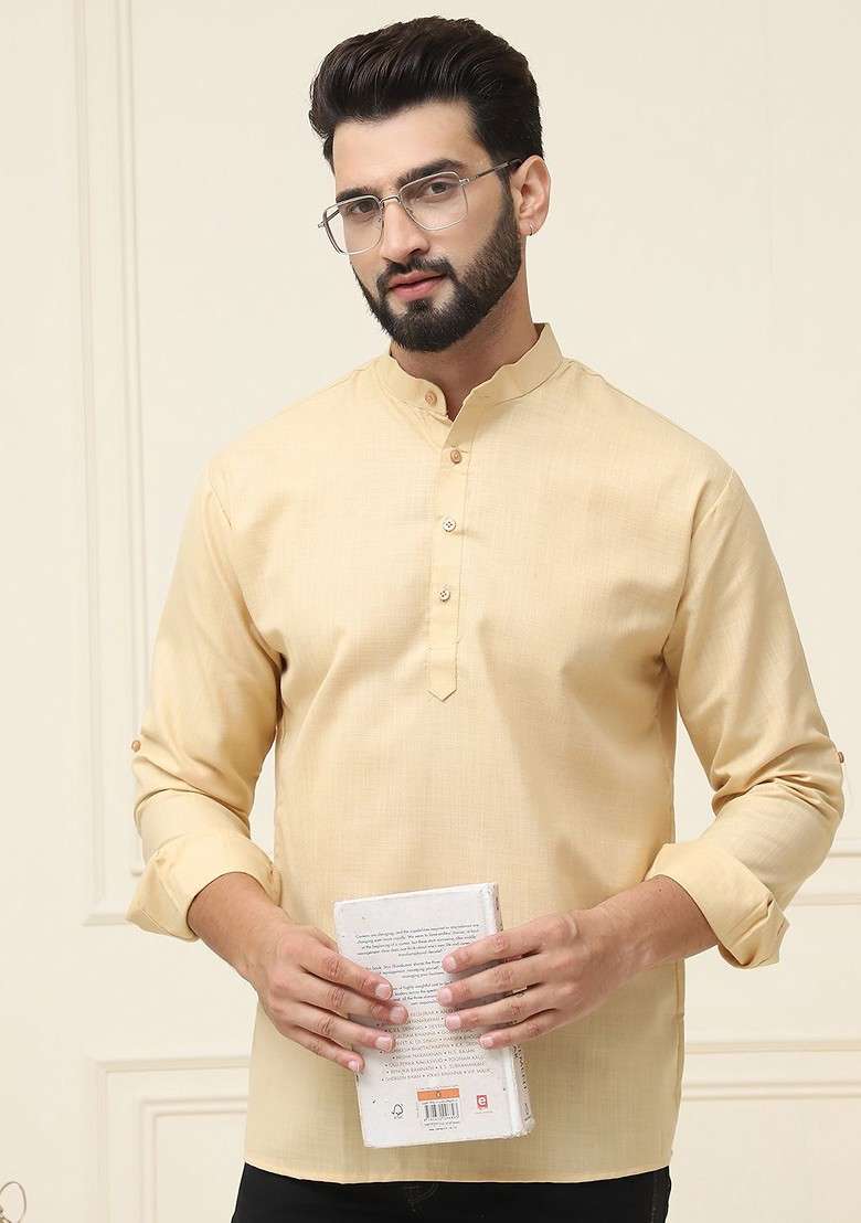 Beige Solid Poly Blend Kurta For Men - Indya