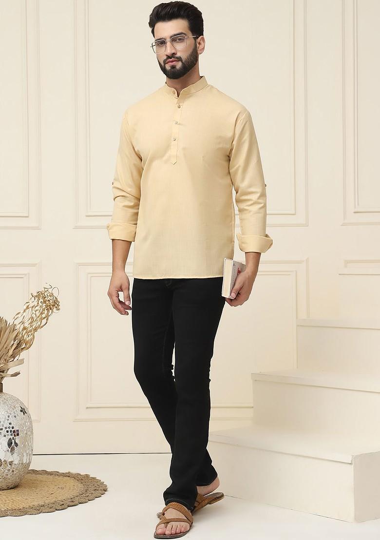 Beige Solid Poly Blend Kurta For Men