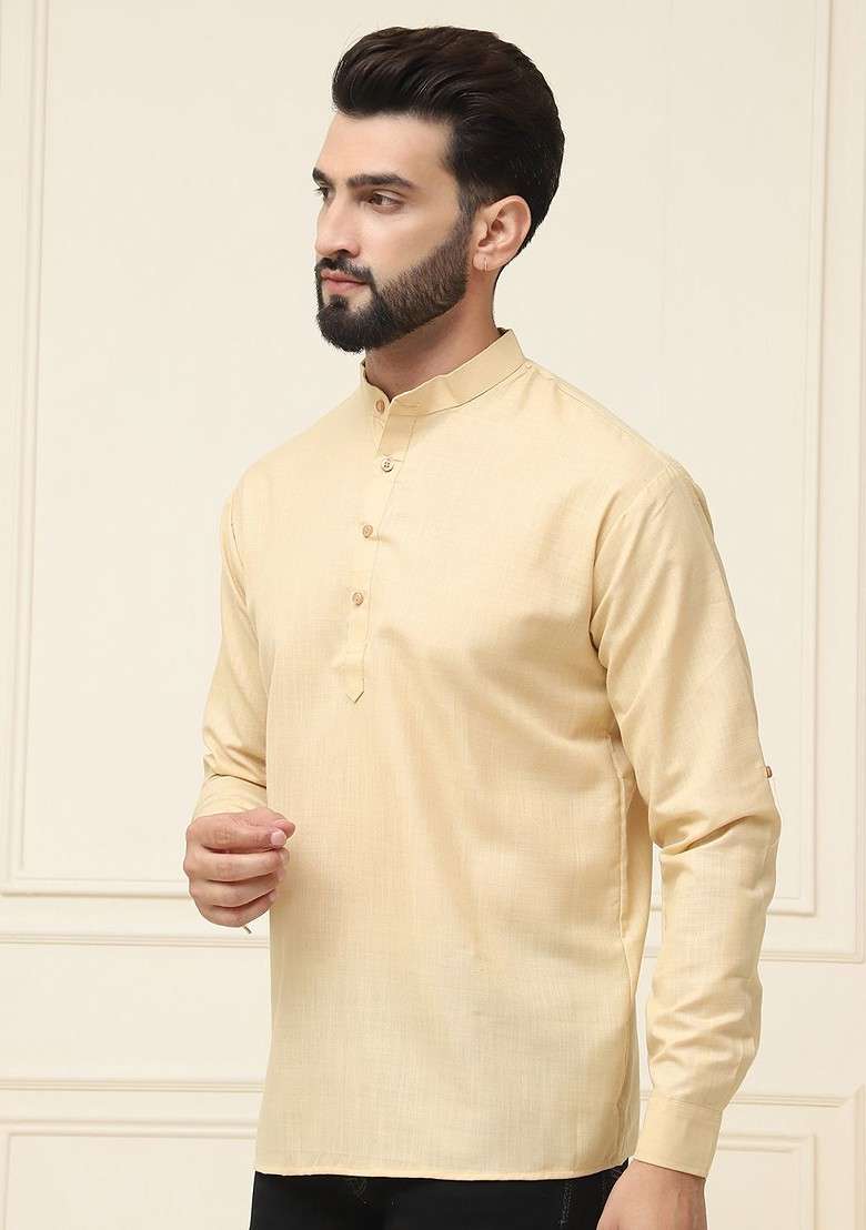 Beige Solid Poly Blend Kurta For Men - Indya