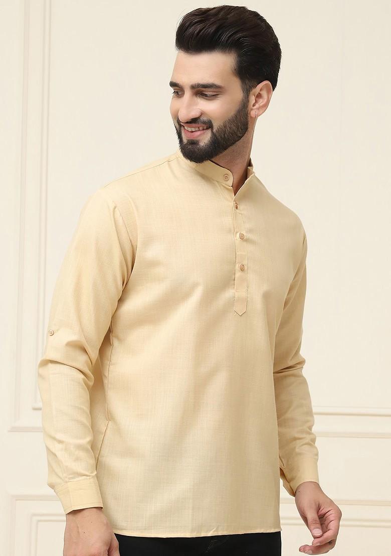 Beige Solid Poly Blend Kurta For Men