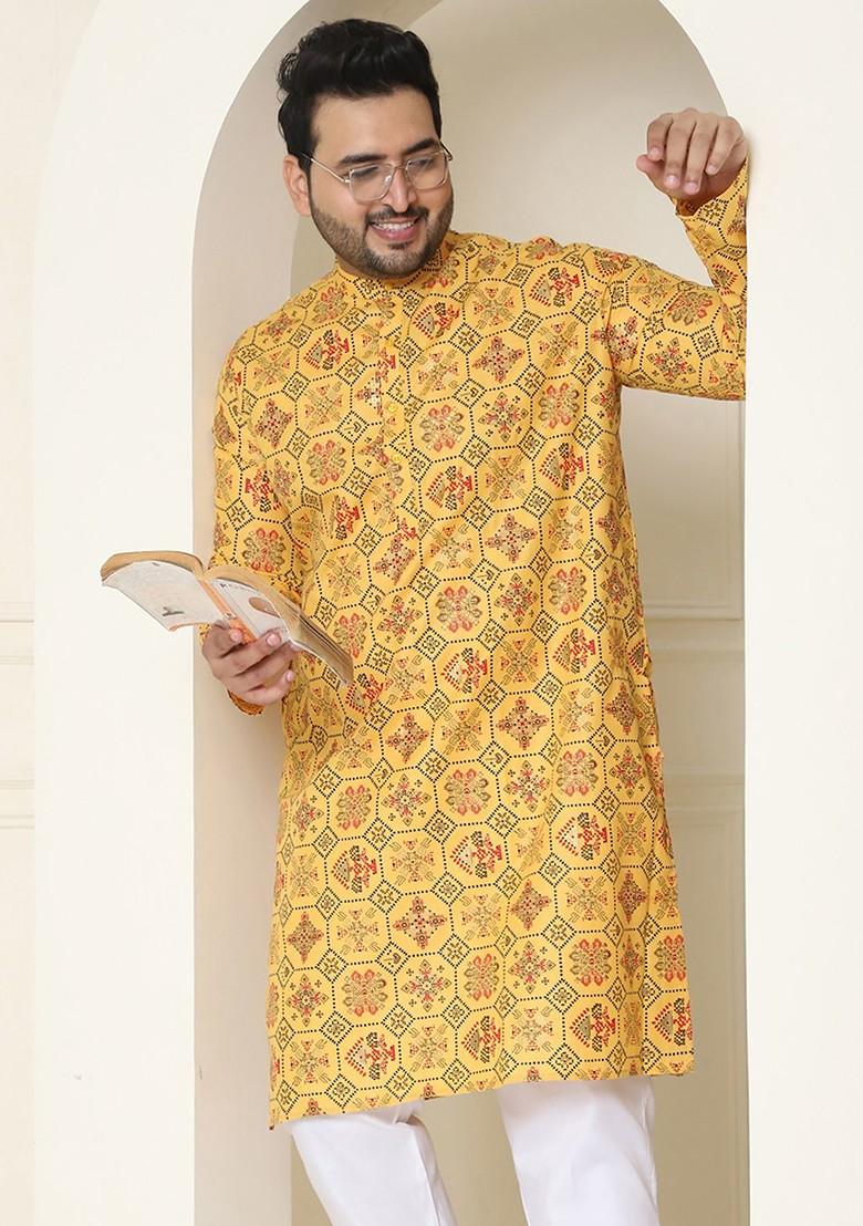 Yellow Ethnic Motifs Poly Blend Kurta For Men