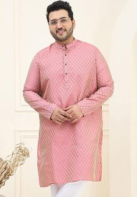Pink Woven Silk Kurta For Men