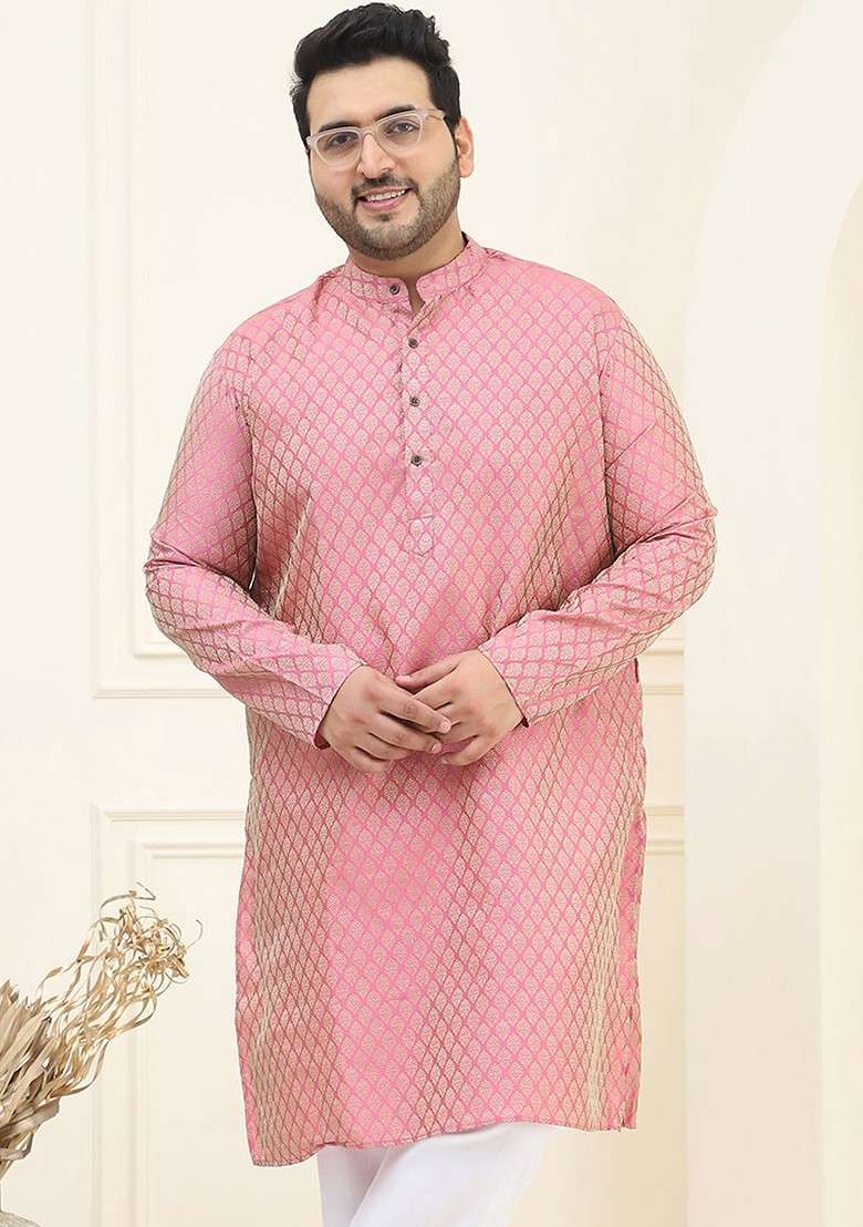 Pink Woven Silk Blend Kurta For Men - Indya