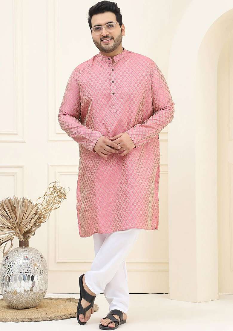 Pink Woven Silk Blend Kurta For Men - Indya