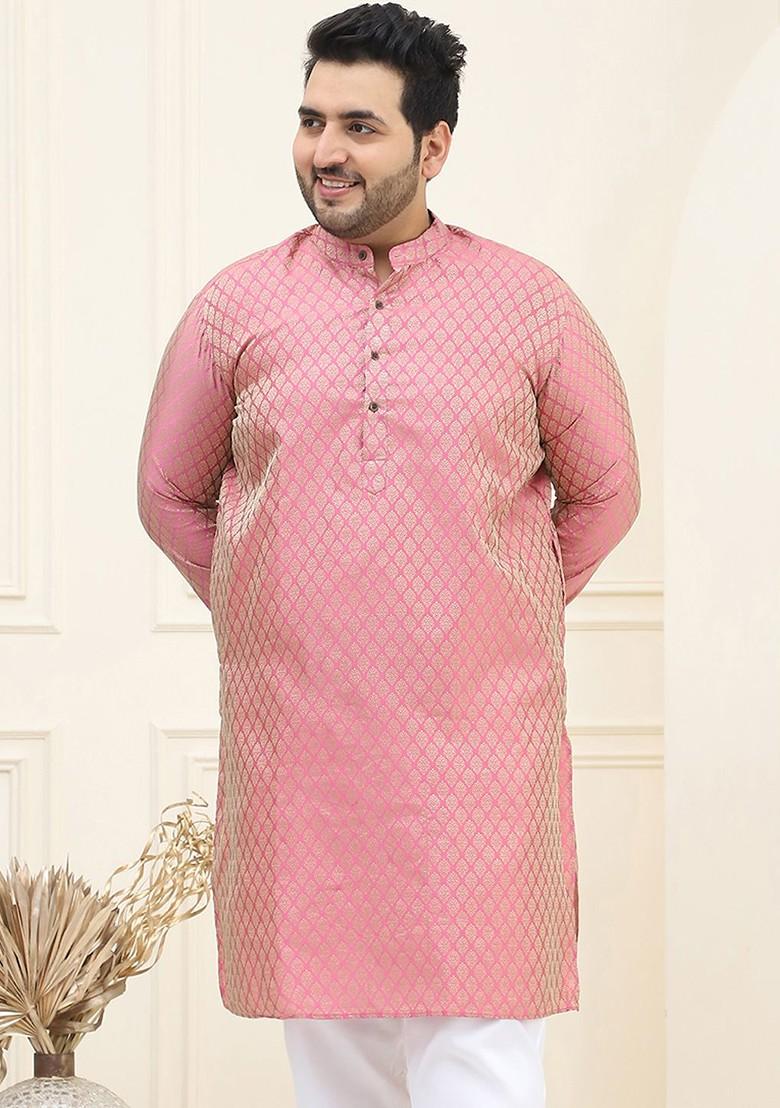 Pink Woven Silk Kurta For Men