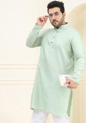 Green Woven Jacquard Kurta For Men