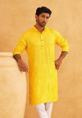 Mustard Embroidered Cotton Kurta For Men