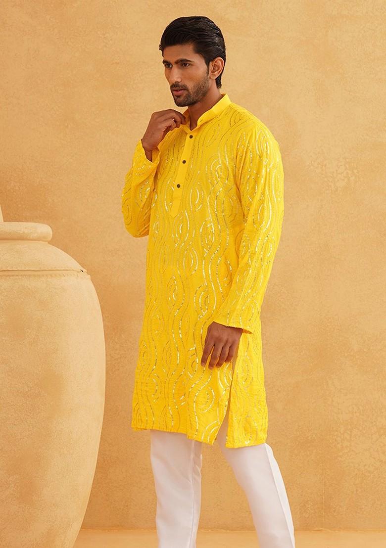 Mustard Embroidered Cotton Kurta For Men