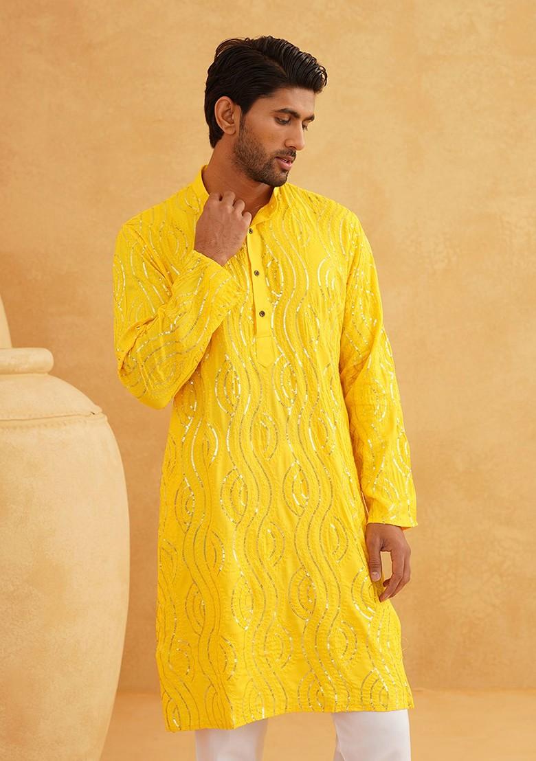 Mustard Embroidered Cotton Kurta For Men