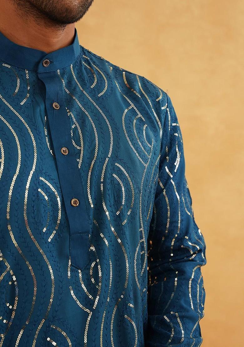 Teal Blue Embroidered Cotton Kurta For Men