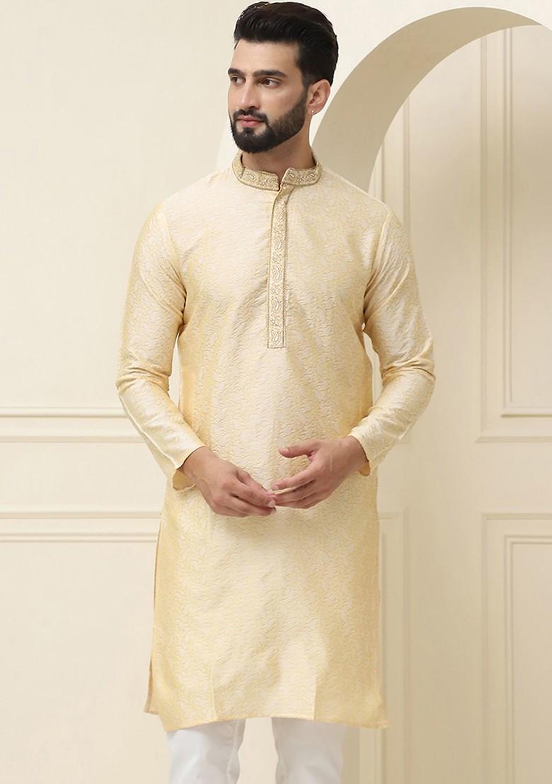 Beige Woven Poly Blend Kurta For Men