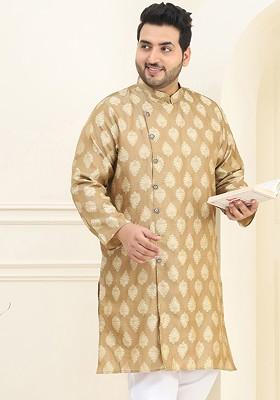 Beige Thread Work Poly Blend Kurta For Men