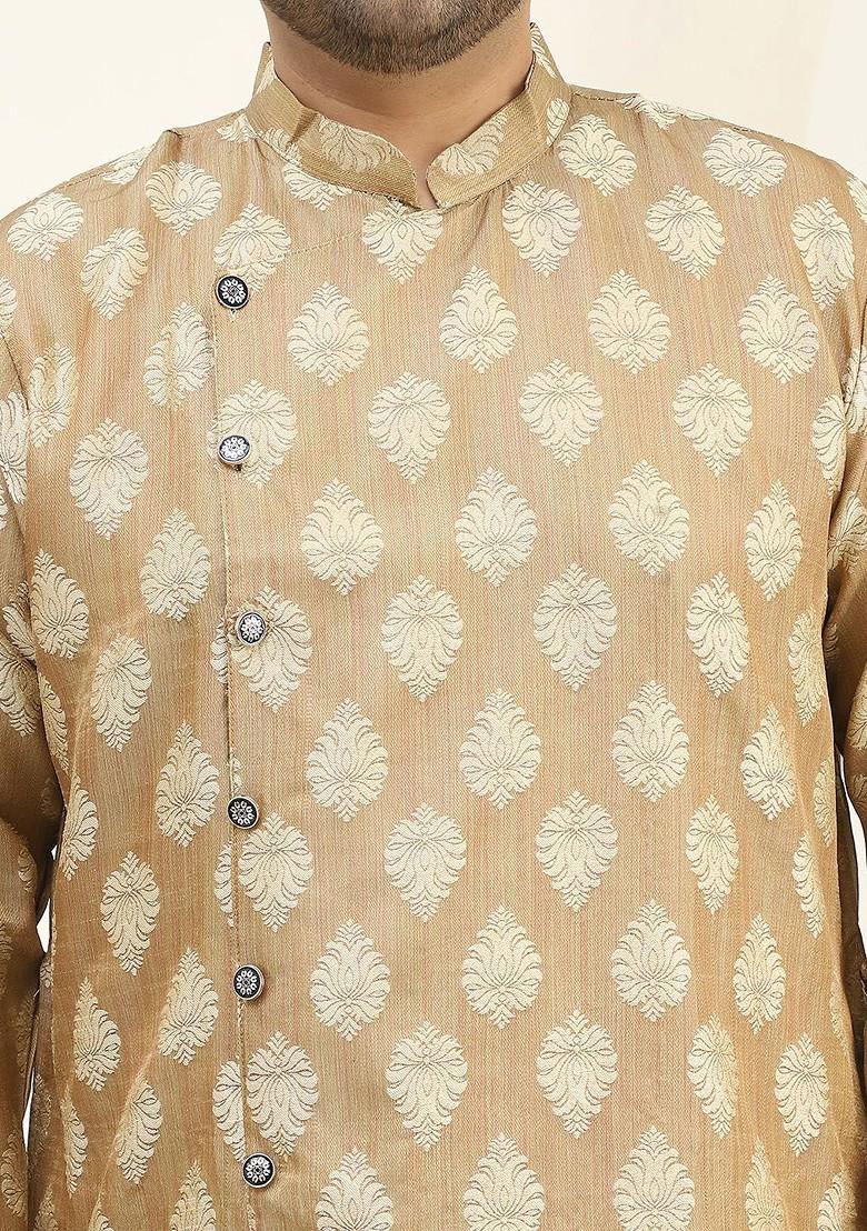 Beige Thread Work Poly Blend Kurta For Men