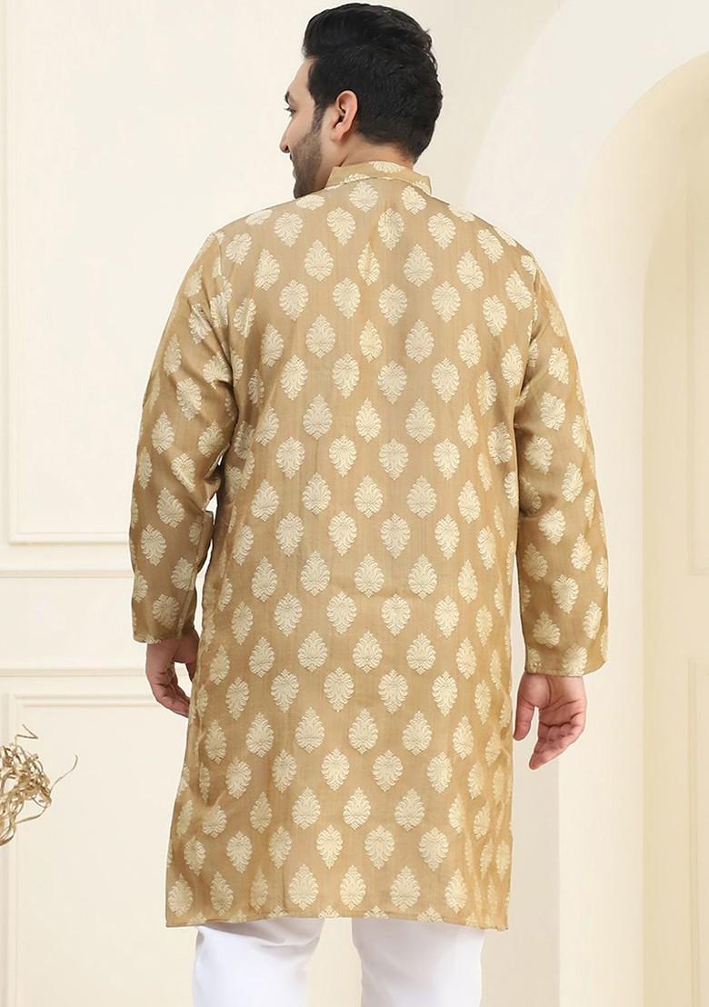 Beige Thread Work Poly Blend Kurta For Men