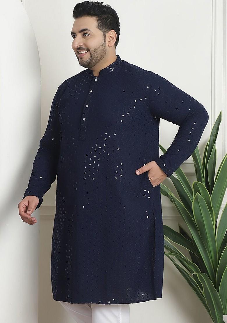Navy Blue Embroidered Cotton Kurta For Men