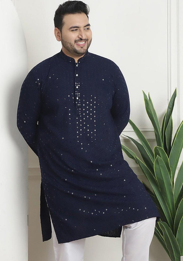 Navy Blue Embroidered Cotton Kurta For Men