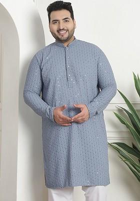 Grey Embroidered Cotton Kurta For Men