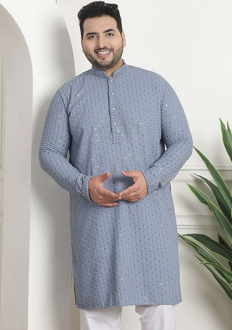 Grey Embroidered Cotton Kurta For Men - Indya