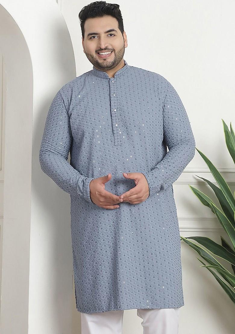 Grey Embroidered Cotton Kurta For Men