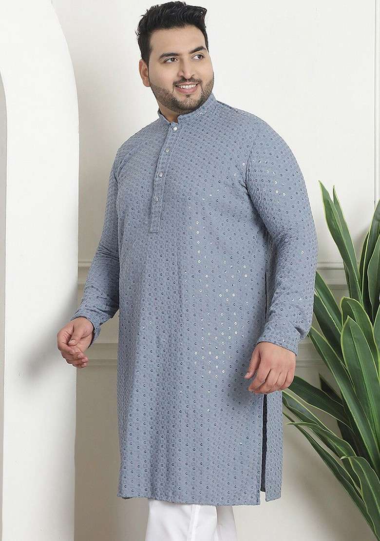 Grey Embroidered Cotton Kurta For Men - Indya
